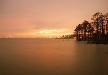 beautiful water scape - trees, shore, houses, bridge, bay