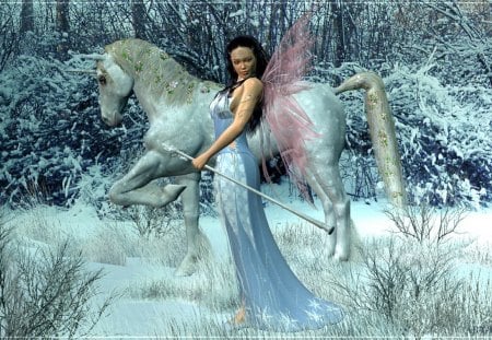 snow fairy - snow, pegasus, trees, wings