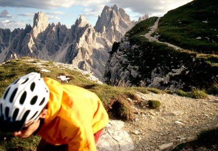 real mountain biking the dolomites - biker, mountains, trail, clouds