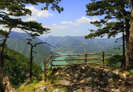 lookout on zaovine lake - valley, fence, lake, trees, lookout