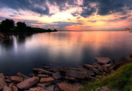 beautiful inlet at sundown - lights, clouds, bay, inlet, sunset