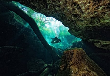 MERGULHADOR - caverna, mergulhar, oceano, natureza