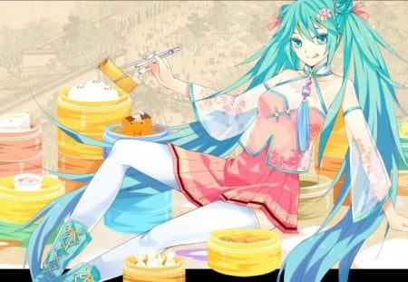 Hatsune Miku - pretty, artistic, twin tail, food, pink, uniform, stunning, dim sun, nice, program, hot, thighhighs, beauty, virtual, chinese food, cg, white, cute, aqua eyes, song, outfit, sexy, vocaloid, anime, yellow, blue, amazing, twintail, cleavage, hatsune miku, music, aqua, art, sitting, idol, anime girl, beautiful, singer, girl, cool, black, miku, awesome, diva, digital, aqua hair, thigh highs, hatsune, vocaloids, chinese clothes