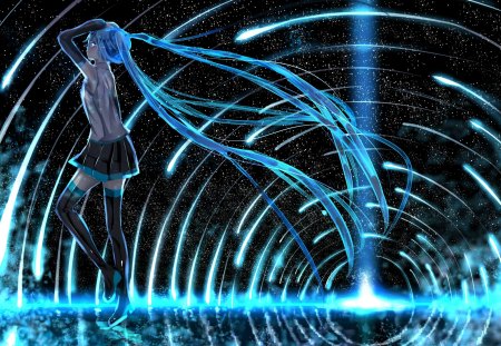 Hatsune Miku - tie, pretty, artistic, vortex, twin tail, light, uniform, space, stunning, headphones, nice, program, leggings, thighhighs, beauty, virtual, cg, white, cute, aqua eyes, song, outfit, vocaloid, anime, blue, amazing, twintail, hatsune miku, microphone, music, aqua, stockings, art, idol, anime girl, skirt, beautiful, singer, girl, cool, black, glow, miku, awesome, diva, digital, aqua hair, thigh highs, hatsune, vocaloids, headset, time travel