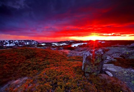 Sunset - summer, purple, rocks, rays, stones, sundown, sky, clouds, light, sunset, nature, colors, sunrise, sunshine, colorful