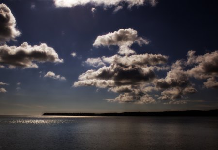 suspended in the air - sky, reflection, clouds, blue, sun, sea, land