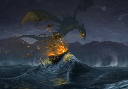 dragon attack - water, ship, fire, waves