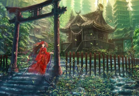 Anime - anime, oni, red, katana, temple