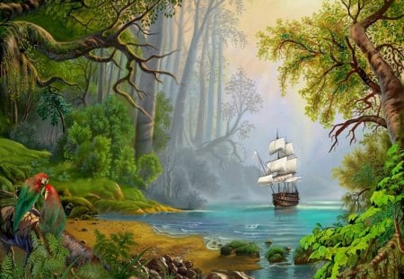 sailing to paradise - water, trees, boat, birds