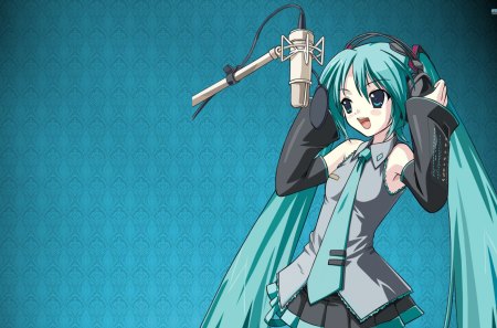 Hatsune Miku - aqua, thigh highs, headset, thighhighs, music, anime girl, studio, stockings, white, amazing, art, cool, aqua eyes, artistic, hatsune miku, skirt, leggings, song, stunning, vocaloids, program, vocaloid, pink, beautiful, uniform outfit, diva, beauty, nice, twintail, singer, aqua hair, black, virtual, pretty, custom, idol, anime, miku, cute, twin tail, girl, cg, hatsune, recording, microphone, blue, headphones, tie, awesome, digital