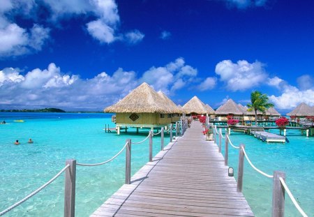 matira point bora bora - bungalows, sea, deck, sky