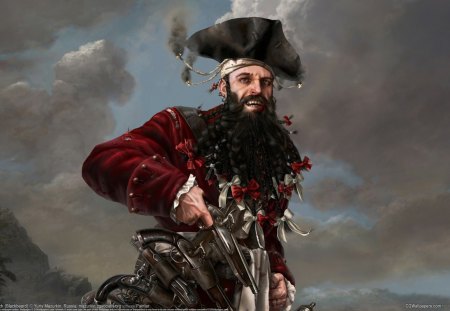 blackbeard - weapons, beard, red, pirate