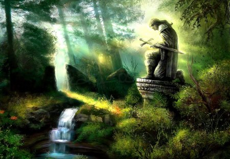 History in stone - stone, sun, peaceful, cascade, water, monument, fantasy, nature, shimmering, forest, beautiful, sword, history