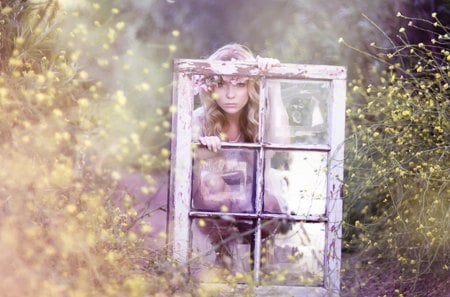 Through the Glass Window - woman, glass, window, flower