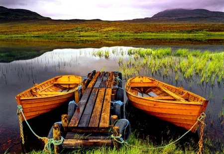 One day in june - summer, canoes, beautiful, grass, june, river, pier, nature, colorful, red, water, mirrored, serenity, peaceful, lake, sky, calmness, pond, reflection, clouds, orange, riverbank, boats, calm, green