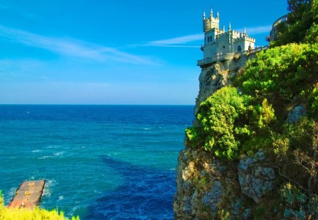 Castle on coastal rocks - sky, peaceful, greenery, rocks, view, clouds, castle, high, coastal, ocean, summer, shore, waves, nature, beautiful, blue, horizons, sea