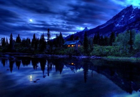 Lakeshore at dusk - lakeshore, cottage, sky, trees, peaceful, riverbank, water, darkness, reflection, river, clouds, house, dusk, lake, mountain, shore, nature, lonely, dar, lughts, blue, beautiful, twilight, island, cabin