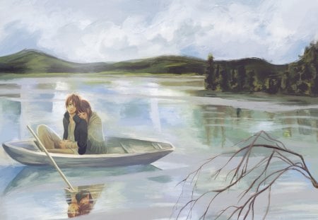 Anime - boat, love, anime, couple, drawing