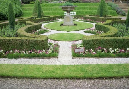 Perfect Garden - fountian, road, flowers, trees, paths