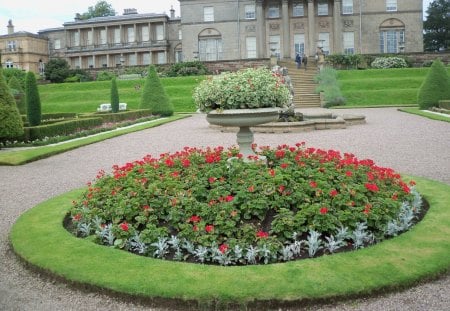 Lovely View - summer flowers, hall, boarder lawn, pathway, trees