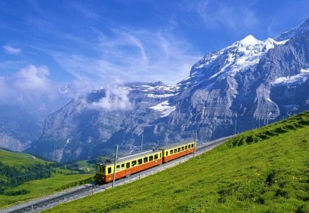 ACROSS COUNTRY - railroad, fields, trams, tourism, vehicles, skies, trains, transport, landscapes, mountains