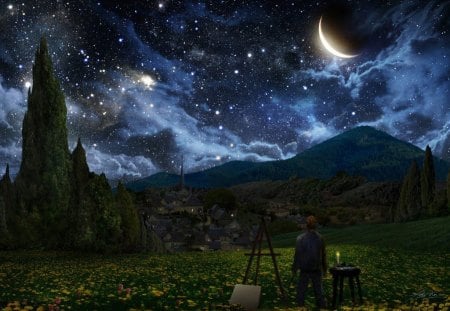 STARLIT NIGHT - space, mountains, moons, stars, planets, night, art, palette, people, canvas, landscapes, trees, artist