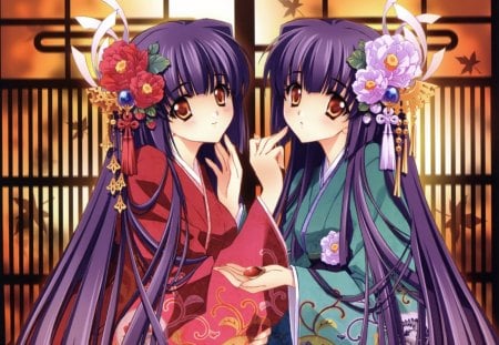 Kuraki Suzuna & Kuraki Mizuna - girls, female, kuraki mizuna, petals, anime, kimono, flower, kuraki suzuna