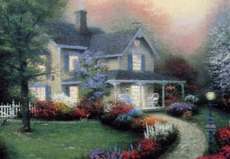 sweet home - flowers, house, path, trees