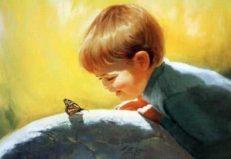 children - butterfly, cute, yellow, boy