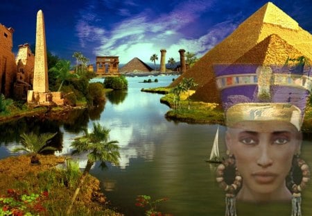 egypt as it was - trees, water, monuments, sky