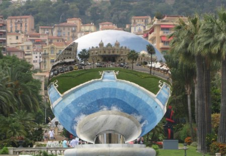 Reflection of the Casino Monte Carlo, France - trees, fountain, blue, photography, city, reflection, casino, mirror, houses