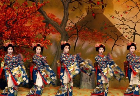 japanese dancers - flowers, outfits, trees, red