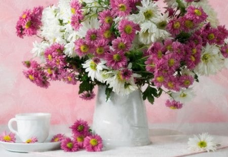 Still life - flowers, vase, white, nature, cup