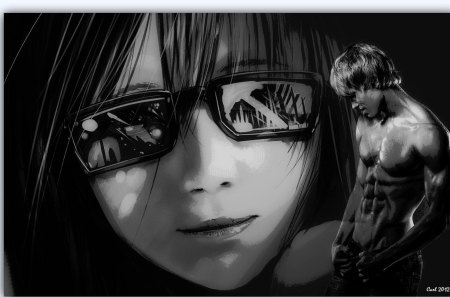 Behind the sunglasses there playing the wildest fantasies in her mind - woman, male, girl, mind, sunglasses, black and white, dream, fantasy, painting, art, beautiful, man