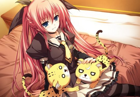 Reika Nikaidoh - cat, anime girl, brown, yellow, pink, red, akatsuki no goei, anime, reika nikaidoh