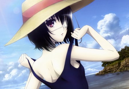 Mei Misaki - mei misaki, sky, beach, anime girl, white, another, clouds, blue, anime, sea