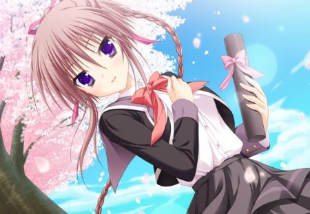 Aya Kozakai - anime, anime girl, sakura, cherry blossoms, brown, pink, aya kozakai, anime school girl, hatsuyuki sakura, school girl