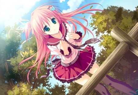 Ui Nakatsugawa - anime, anime girl, forest, hoshizora e kakaru hashi, ui nakatsugawa, anime school girl, pibk, red, school girl