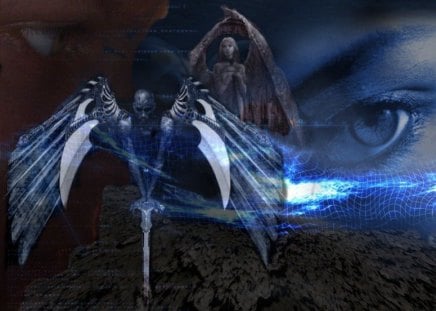 Of Angels and Demons - blue, woman, angels, demons, sword, eye, earth