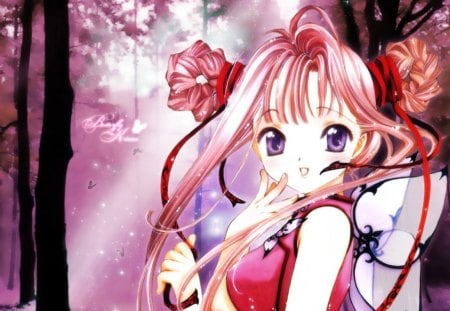 Butterfly Anime - butterfly, girl, pink, anime, flowers, tress