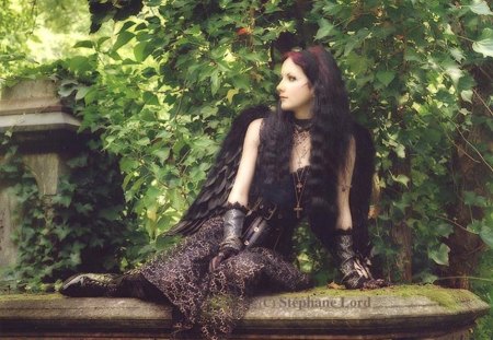 Gothic Girl Angel - trees, angel, dark, wall, goth, gothic