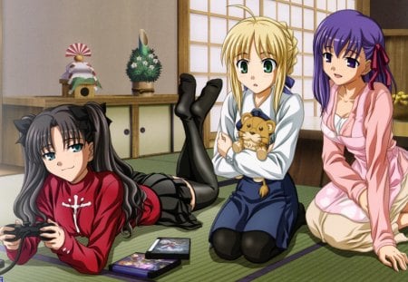 Fate Stay Night - saber, girls, hang out, rin, anime, friends, playing, fate stay night