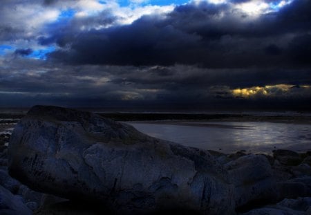 Dark Rocky Beach - dark clouds, beach, rocky beach