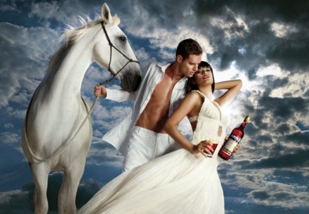 romance - woman, love, sky, couple, horse, man, romance