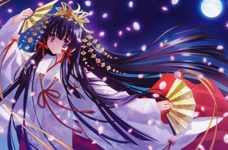 Carnelian - carnelian, orginal, girl, fan, kimono, night, petals, long hair, dance, miko