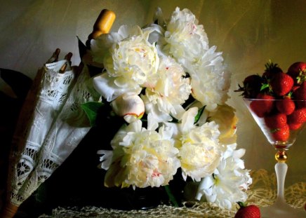 Summer Sunday - white, peonies, strawberries, umbrella, flowers