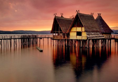 Cabins by river - sky, tropics, water, mirrored, cottages, reflection, river, clouds, ocean, lake, tropical, summer, huts, cabins, exotic, nature, pier, beautiful, sea