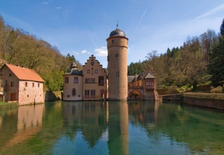 mespelbrunn castle germany - hills, forest, pond, castle