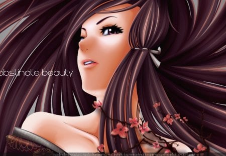 Obstinate Beauty - blush, flower, text, hot, anime girl, lipstick, cherry blossom, karasuma kyoko, cool, beauty, sweet, brown hair, obstinate beauty, long hair, petals, sexy, female