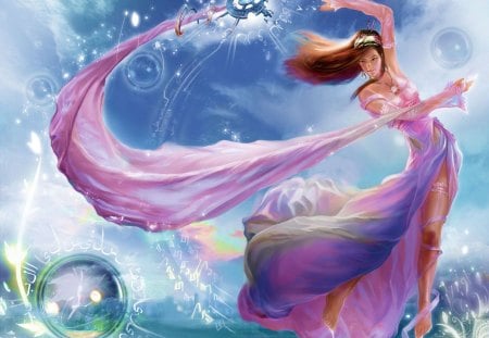 Magic Dance - heaven, magic, female, dress, long hair, magic dance, ribbon, sky, water, hot, staff, brown hair, cool, bubble, fantasy, cloud, jewelry, dance, sexy